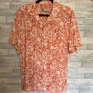 Oliver & Burke Hawaiian Shirt Mens Med Orange Hawaiian Flower Button Front Aloha